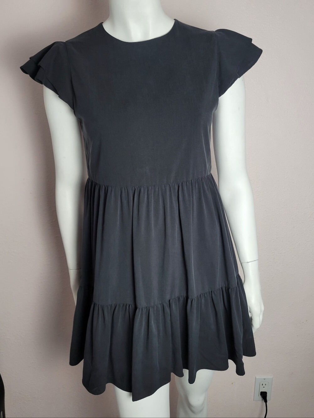 Alice+Olivia Black Modal Tiered Babydoll Mini Dress Ruffle Sleeve Size 0 (fit S)